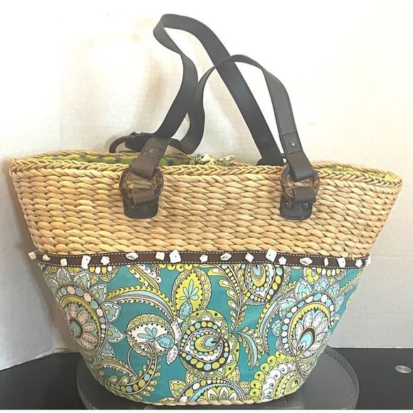 Vera Bradley Peacock Floral Straw Wicker Fabric Tote Bag Blue Green Large - Picture 1 of 11